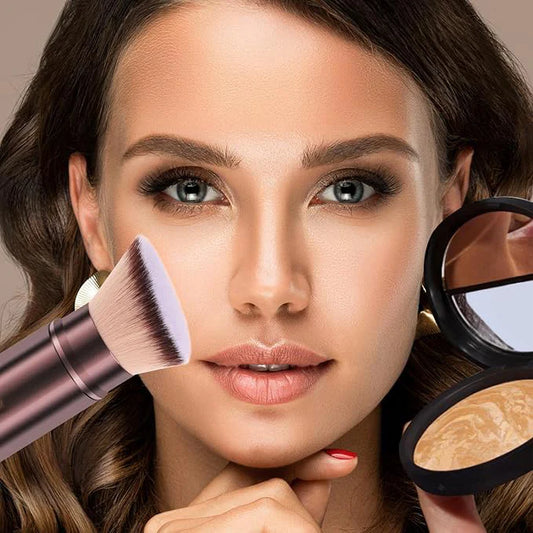 Autera GlideBrush makeup brush with a woman applying foundation and powder, showcasing smooth application.