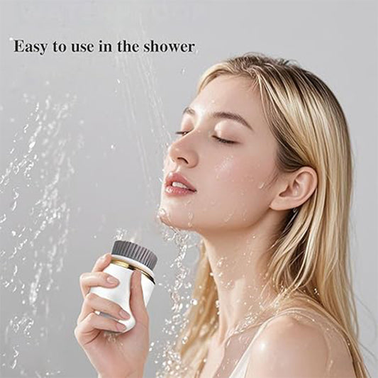 Autera PureClean facial cleansing brush shown in use in the shower with water droplets.