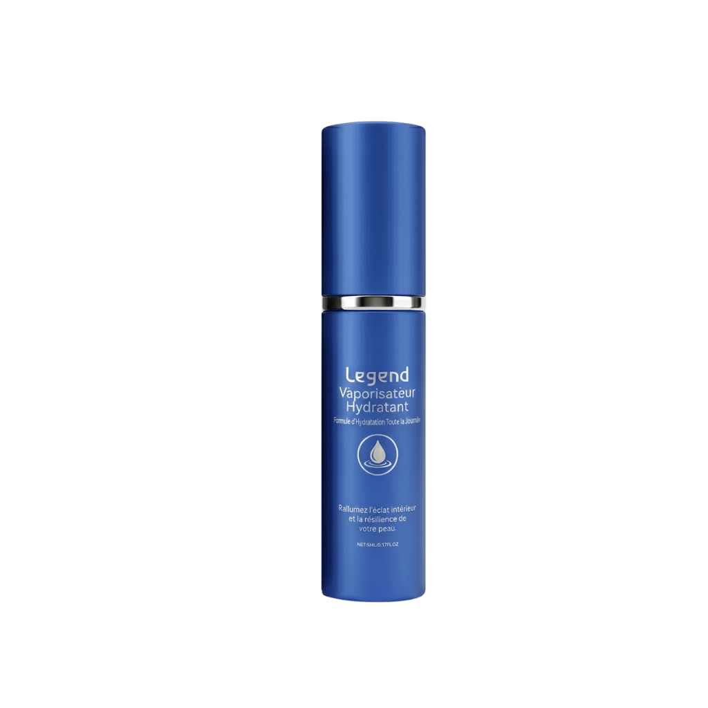 Vaporisateur Hydratant Premium en flacon bleu, conçu pour une hydratation rapide de la peau.