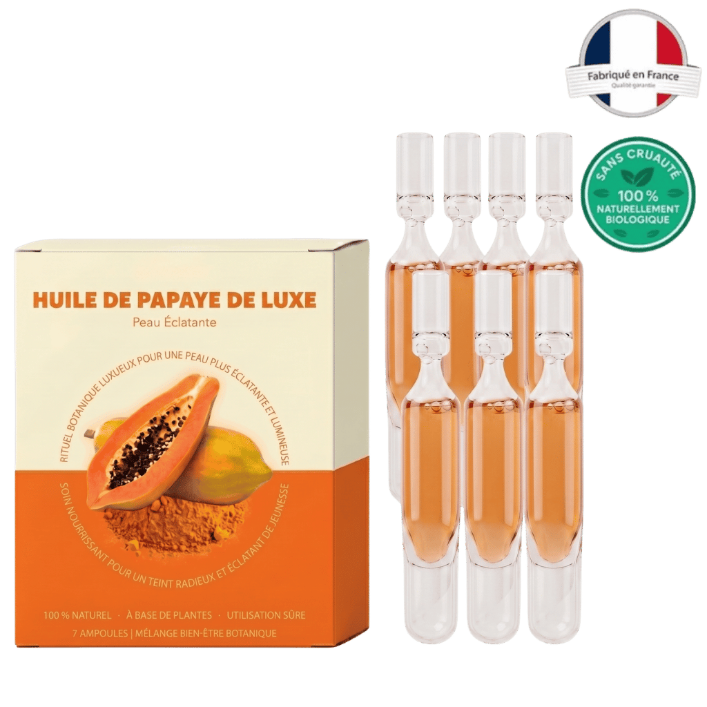 Huile de papaye de luxe avec ampoules, soin de la peau éclatante et hydratante, fabrication française.