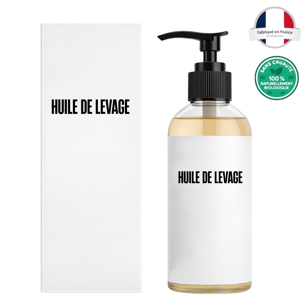 Flacon et emballage de l'Huile de levage, cosmétiques biologiques, fabriqué en France.
