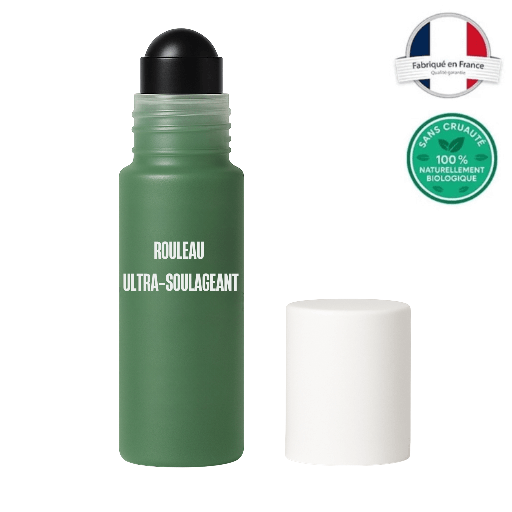 Rouleau ultra-soulageant, soin hydratant pour la peau, applicateur à bille, texture légère et non grasse.