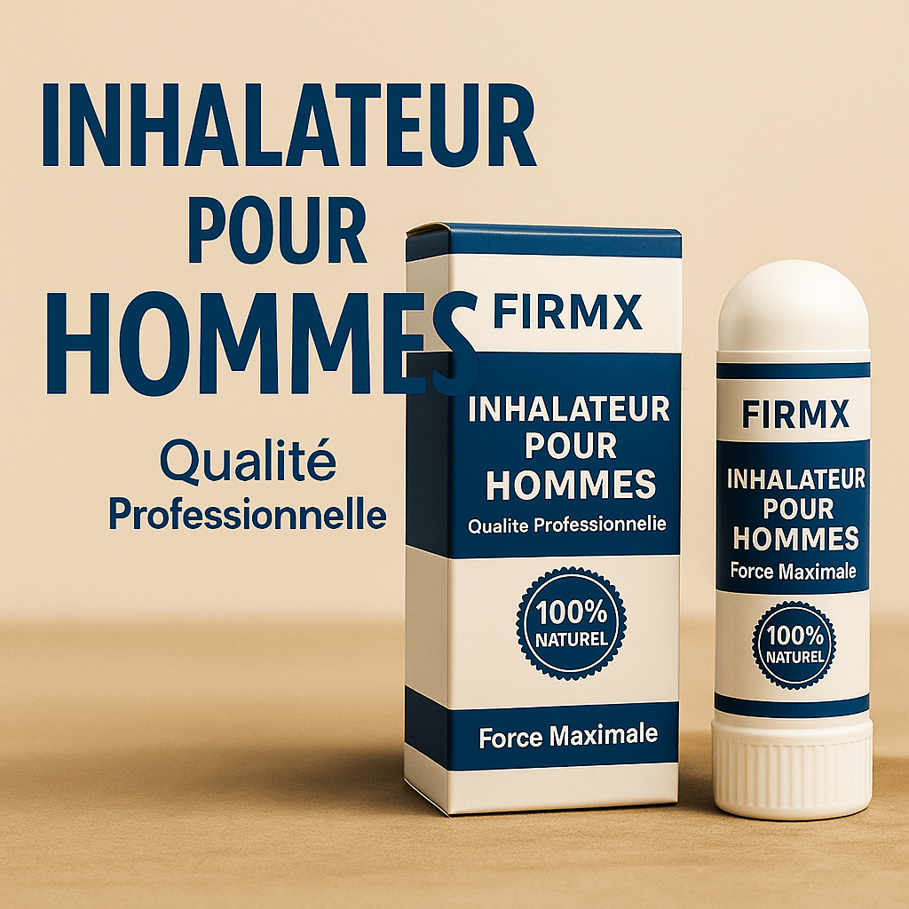 FirmX inhalateur nasal pour hommes, naturel et professionnel, boîte et inhalateur sur fond beige.