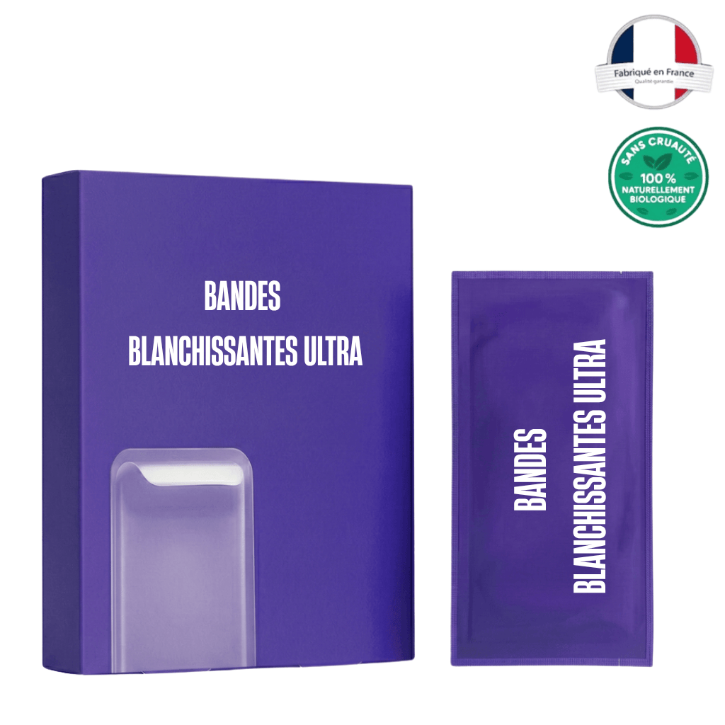 Boîte de Bandes blanchissantes ultra, solution bucco-dentaire pour un sourire lumineux.