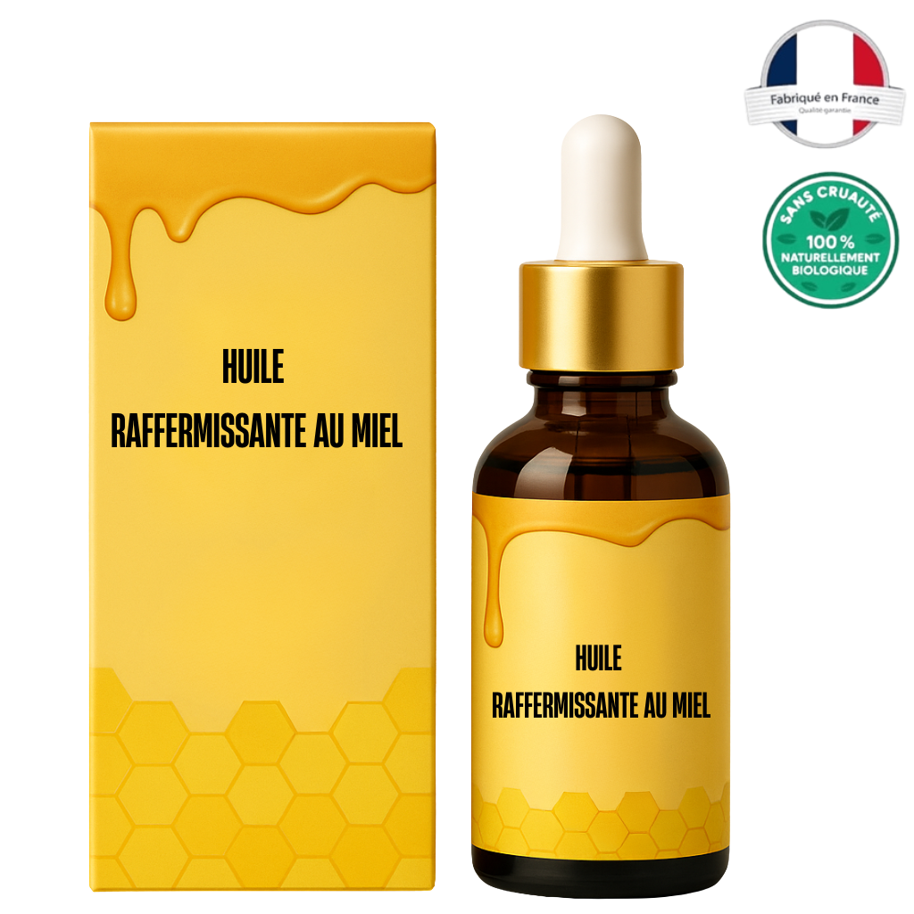 Flacon et boîte de l'Huile Raffermissante au Miel pour une peau lisse et nourrie.