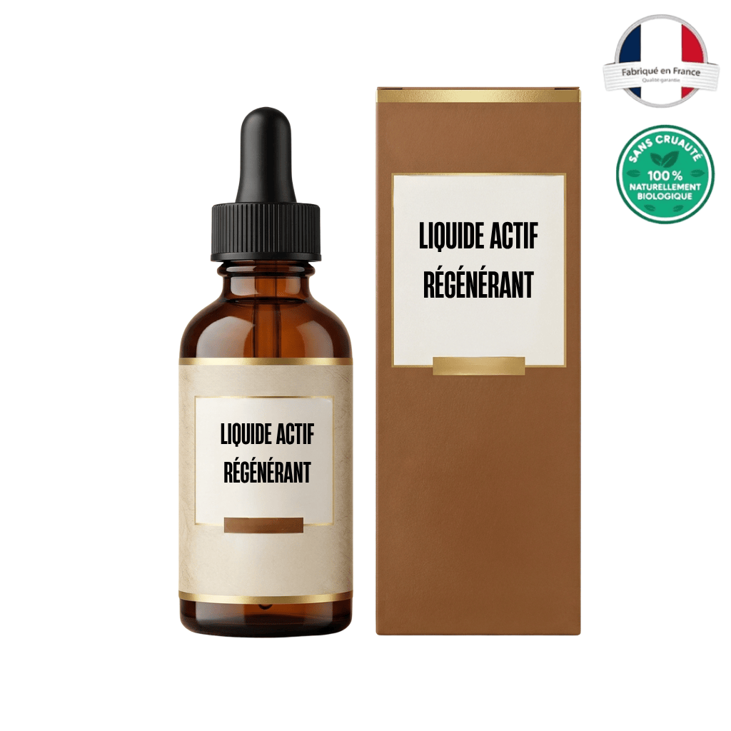 Flacon de Liquide Actif Régénérant avec étiquette et emballage, conçu pour une peau éclatante.