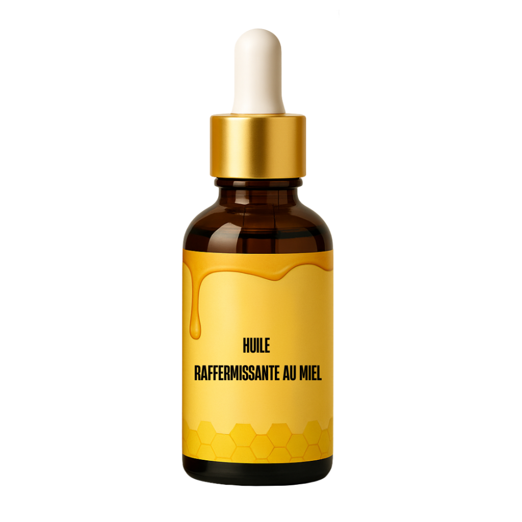 Flacon d'huile raffermissante au miel, soin de la peau hydratant et nourrissant.