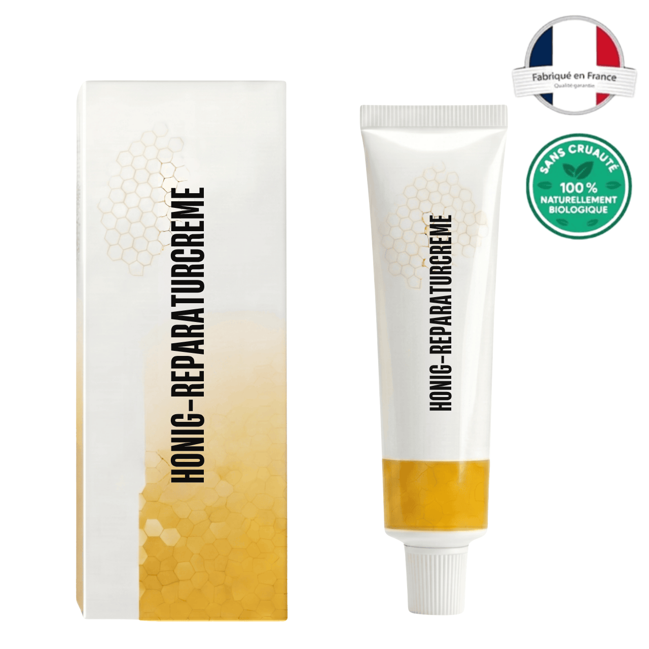 Crème réparatrice au miel de luxe, tube et boîte, soin doux pour la peau, fabriqué en France.