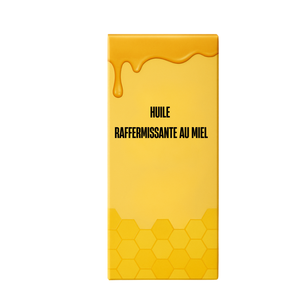 Huile Raffermissante au Miel – emballage jaune avec motif alvéolé et texte noir.