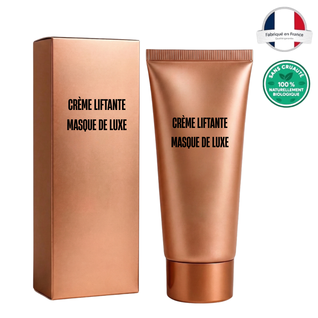 Crème liftante masque de luxe en tube et son emballage, produit de soin peau fabriqué en France.