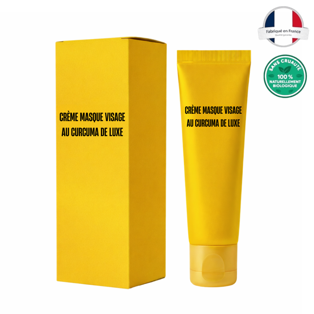 Crème Masque Visage au Curcuma de Luxe dans un tube jaune élégant avec un emballage moderne.