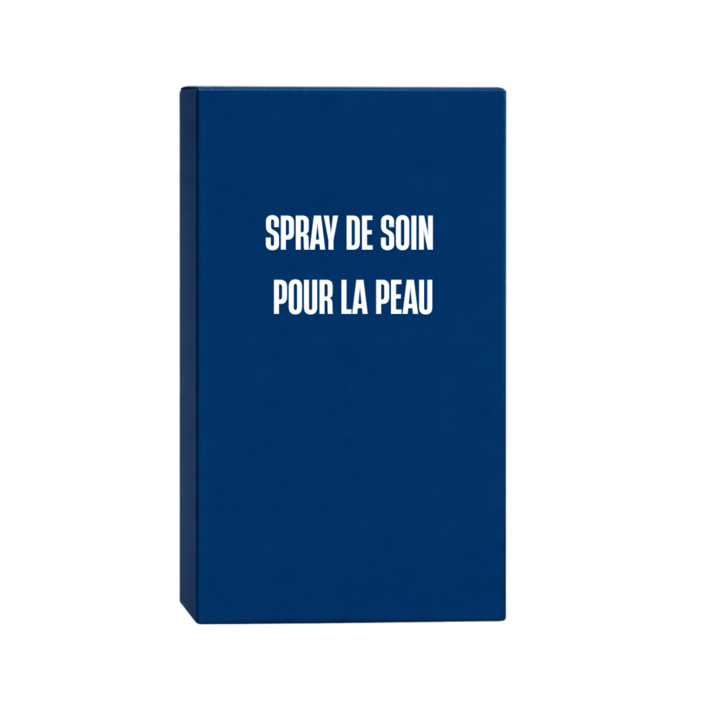 Spray de soin pour la peau premium, emballage bleu, produit de soin de la peau.