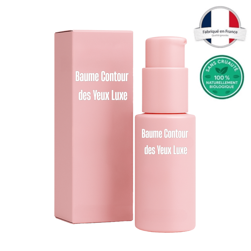 Baume Contour des Yeux Luxe dans un flacon rose, fabriqué en France, avec un emballage élégant.