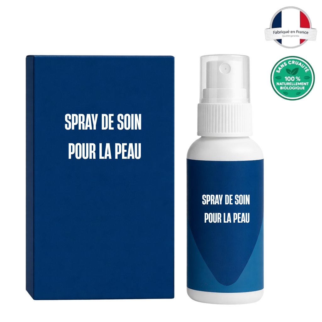 Spray de soin pour la peau premium avec emballage bleu, fabriqué en France et 100% naturellement biologique.