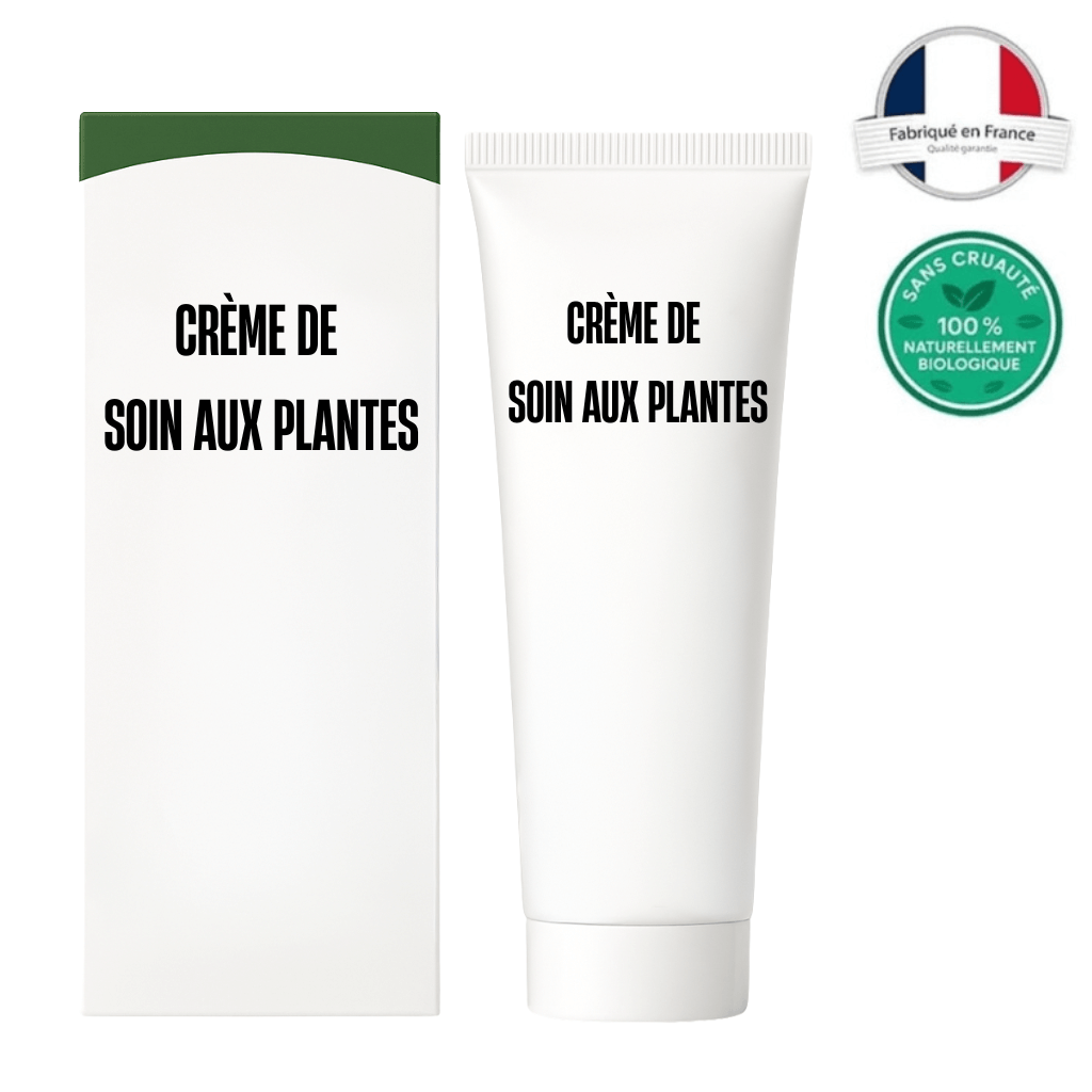 Crème de soin aux plantes tube et emballage, crème beauté naturelle pour une peau lisse et équilibrée.