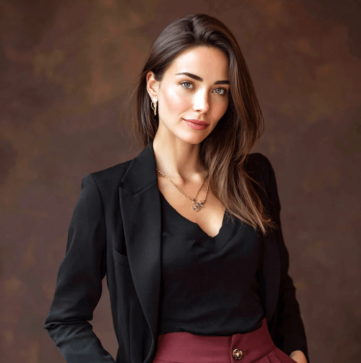 Femme au look élégant, portant un blazer noir, mettant en valeur sa peau fraîche et soignée.