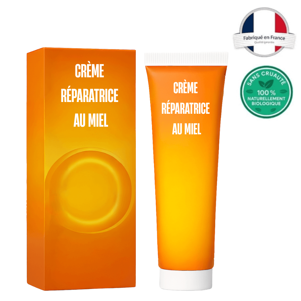 Crème Réparatrice au Miel Premium, crème de beauté en tube avec boîte, fabriquée en France.