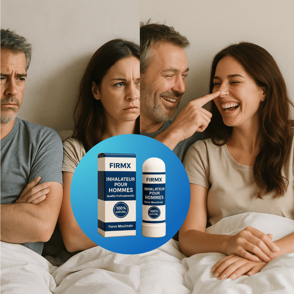 Inhalateur nasal FirmX pour hommes présenté avec des hommes et femmes dans un cadre détendu.