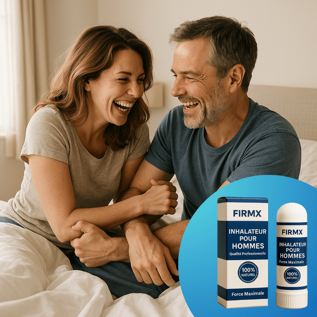 Couple heureux utilisant l'inhalateur nasal FirmX pour hommes, conçu pour améliorer naturellement les performances.