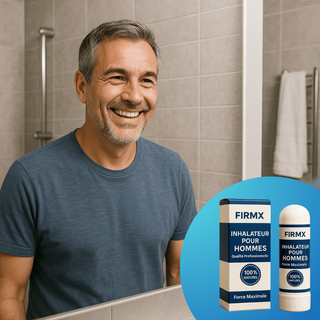 Homme souriant avec inhalateur nasal FirmX pour hommes dans salle de bain, produit naturel et discret.