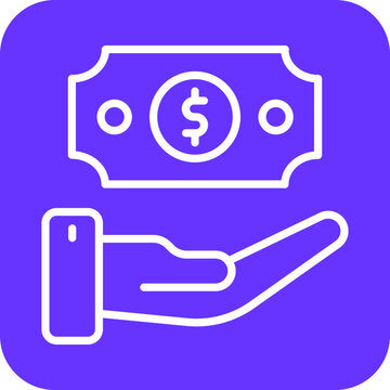 Icon representing Pourboires with a hand receiving a dollar bill on a purple background.