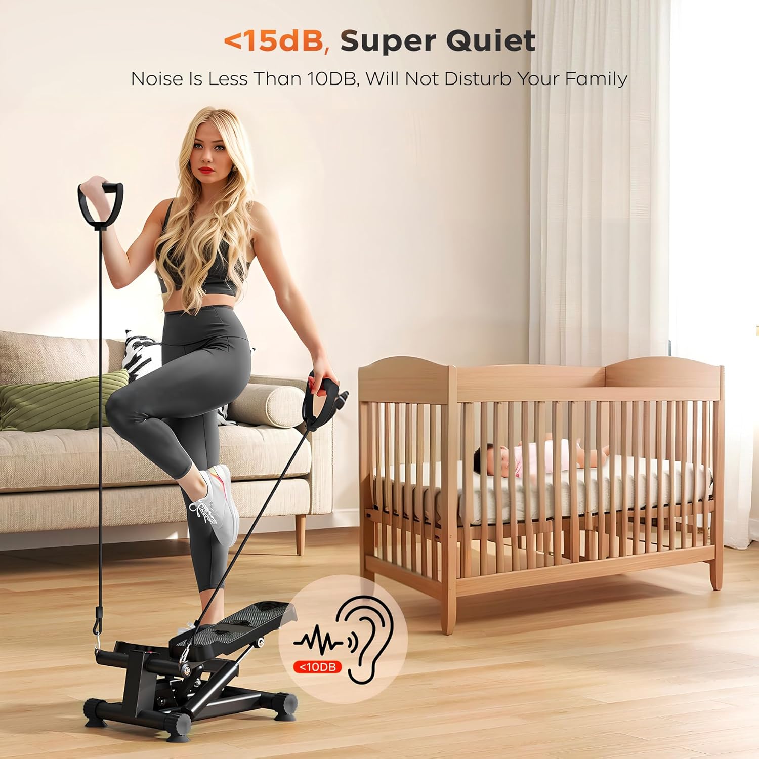 Femme utilisant l'Autera StepLuxe, un stepper silencieux à moins de 15dB, près d'un berceau.