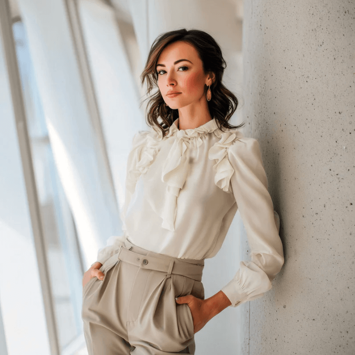Femme élégante en blouse blanche avec volants et pantalon beige, posant près d'une fenêtre.