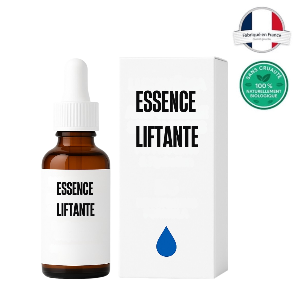 Bouteille de sérum Essence Liftante avec emballage, conçu pour une peau éclatante et douce.