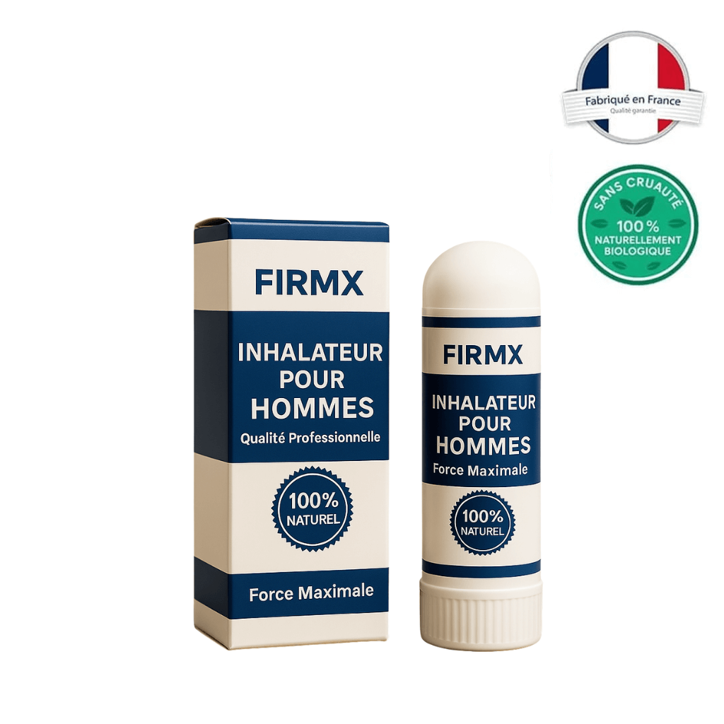 Inhalateur nasal FirmX pour hommes, naturel et discret, emballage professionnel, fabriqué en France.