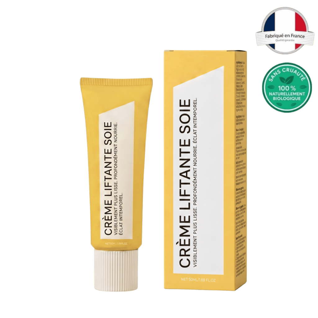 Crème Liftante Soie tube et emballage, crème de beauté effet liftant pour une peau plus ferme et lisse.