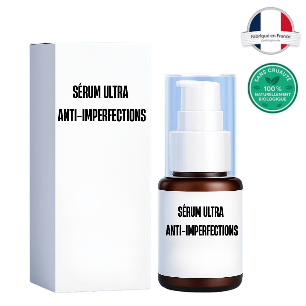 Flacon de Sérum Ultra Anti-Imperfections, conçu pour un teint uniforme et éclatant, présenté avec son emballage.