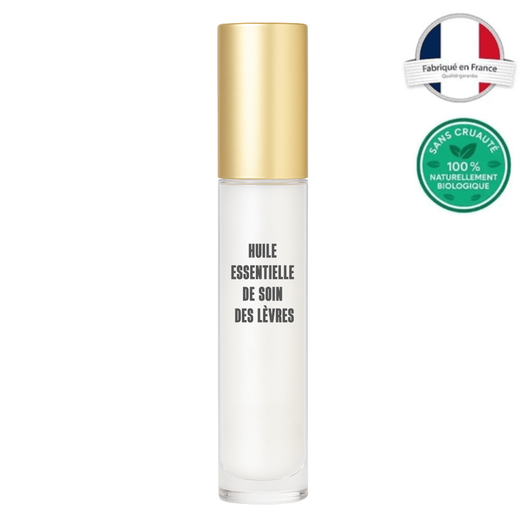 Flacon d'Huile essentielle de soin des lèvres avec bouchon doré, produit naturel et bio fabriqué en France.