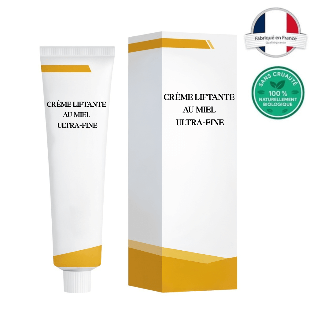 Crème liftante au miel ultra-fine, tube et emballage, soin de la peau, fabriqué en France, 100% naturel