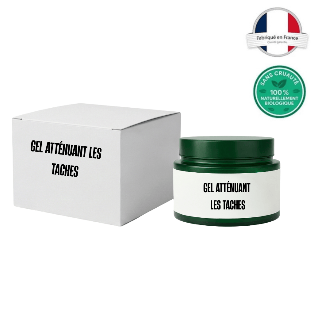 Gel atténuant les taches dans son pot avec emballage, fabriqué en France, naturel et sans cruauté.
