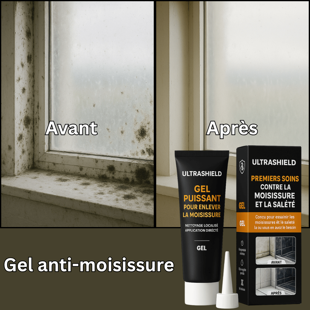Autera Gel Protecteur avant et après application, montrant l'élimination de la moisissure sur une fenêtre.