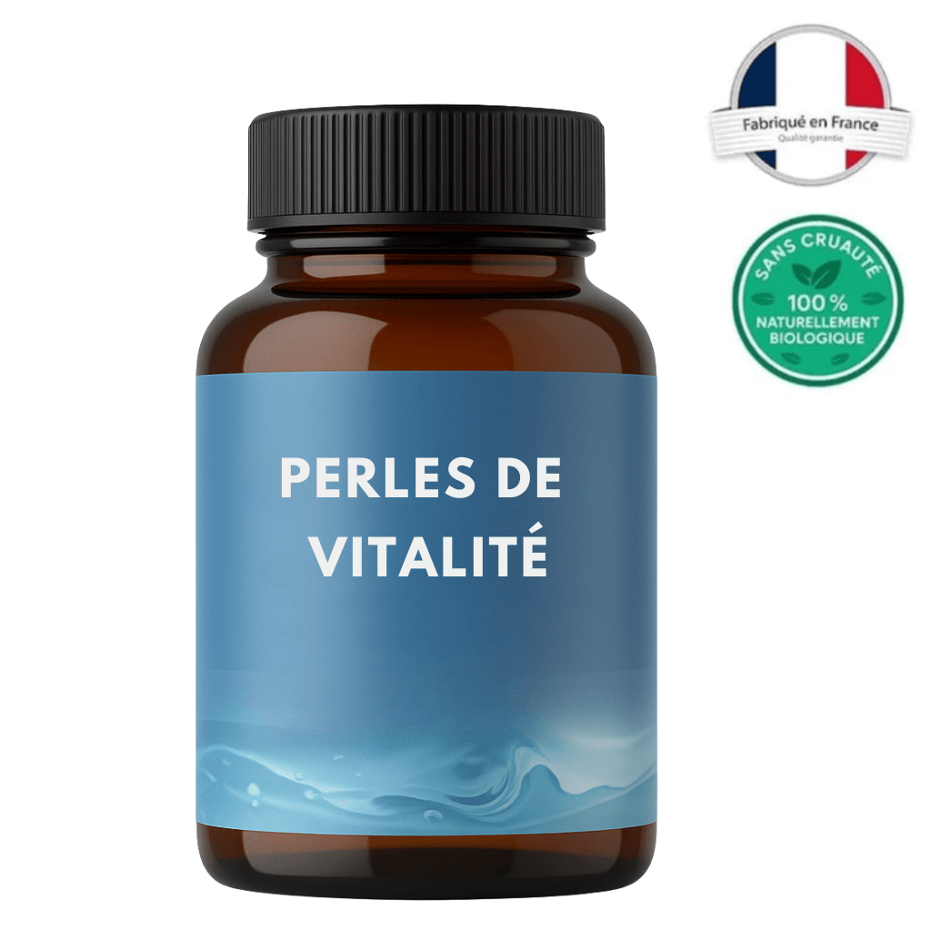 Flacon de Perles de Vitalité Ultra, soin de la peau fabriqué en France, bio et sans cruauté.