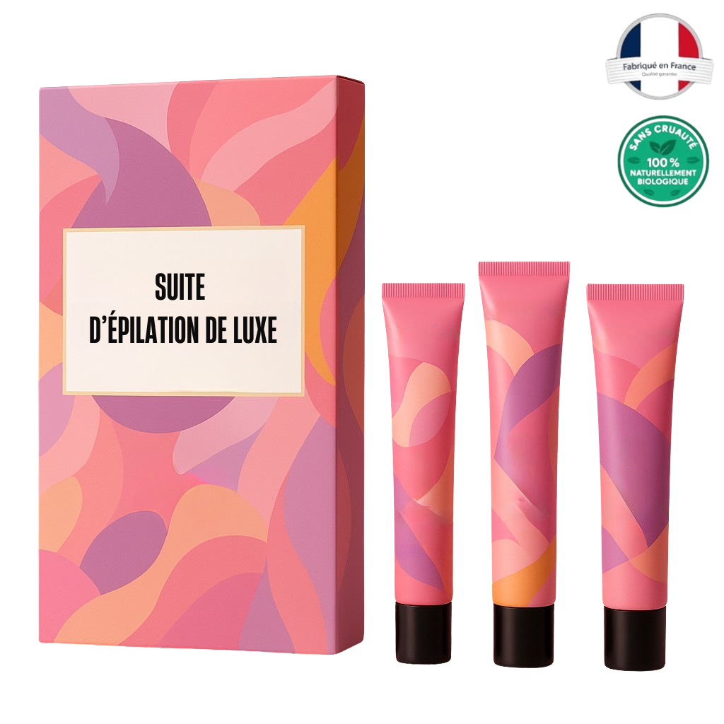 Suite d’épilation de luxe - ensemble de beauté avec trois tubes, offrant une peau lisse et raffinée.