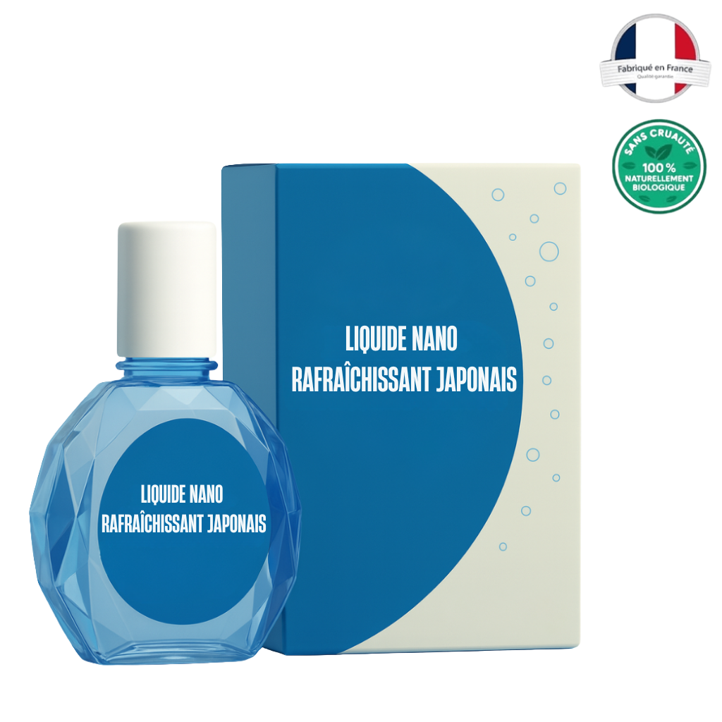 Liquide nano rafraîchissant japonais en flacon avec emballage, conçu pour un rendu frais et soigné.