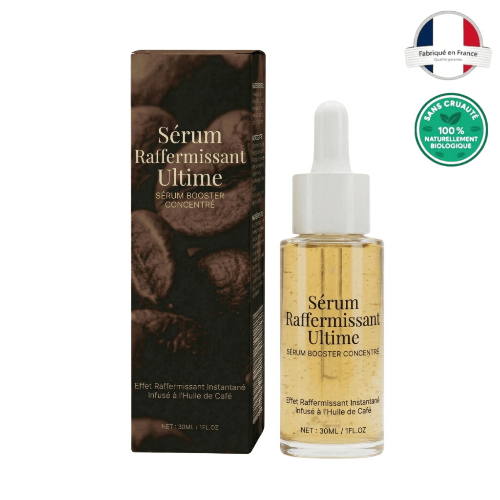 Sérum raffermissant ultime dans un flacon en verre avec boîte, conçu pour un teint lisse et éclatant.