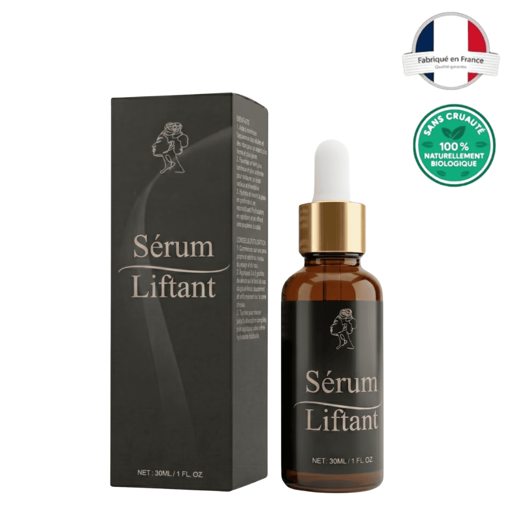 Sérum Liftant avec pipette, conçu pour raffermir et revitaliser la peau, 100% biologique, fabriqué en France.