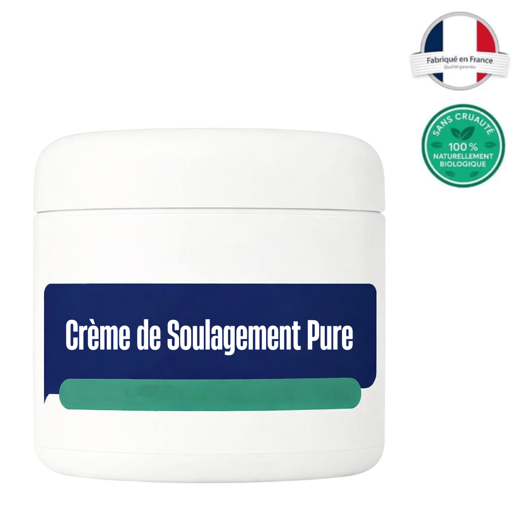 Crème de Soulagement Pure: crème cosmétique à absorption rapide, fabriquée en France et biologique.