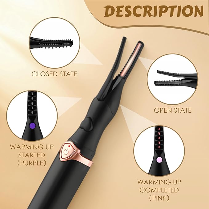 Autera – Recourbe-cils électrique rechargeable état fermé, ouvert, et indicateurs de chauffe en violet et rose.