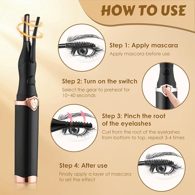 Autera – Recourbe-cils électrique rechargeable : Étapes d'utilisation du recourbe-cils électrique en image.