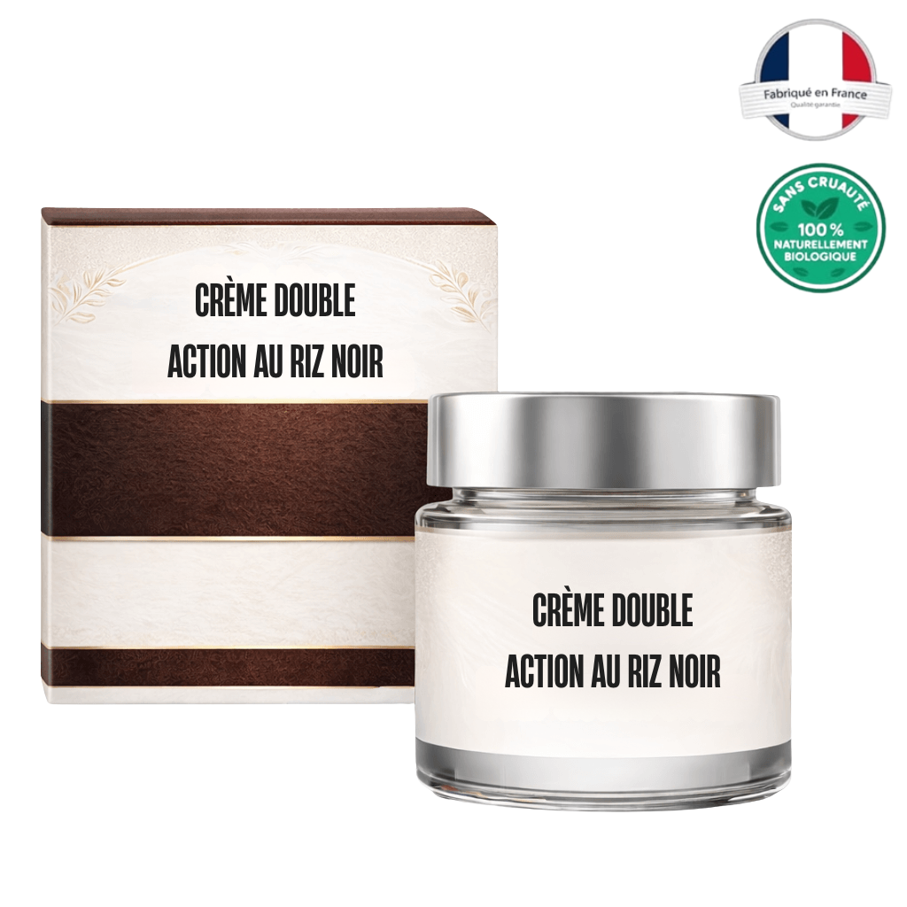 Crème double action au riz noir dans un pot élégant avec un emballage biologique.
