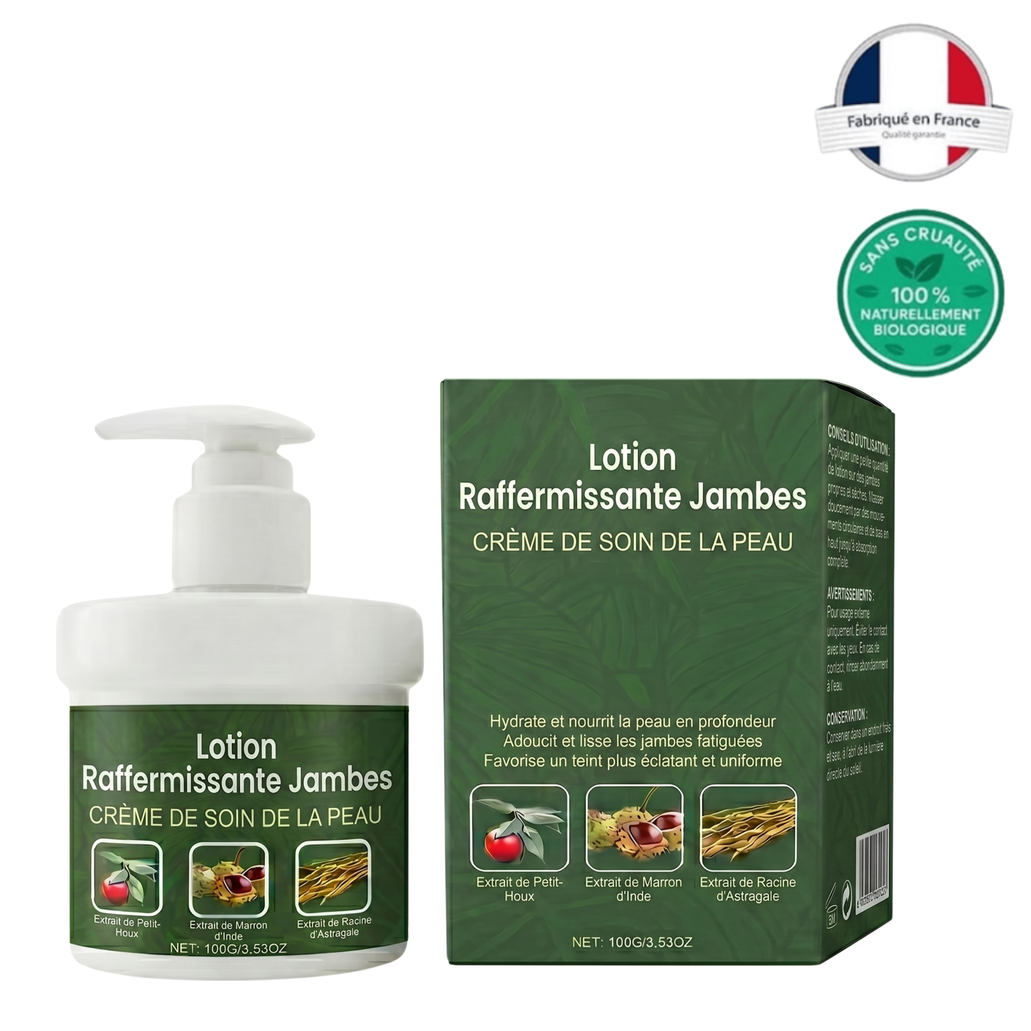 Lotion Raffermissante Jambes pour une peau lisse et ferme, crème légère, fabriquée en France, 100% biologique.