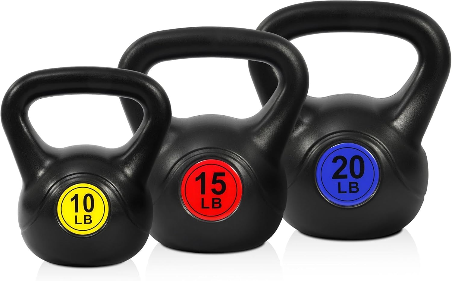 Autera CoreBell™ kettlebells set, featuring 10 lb, 15 lb, and 20 lb weights for versatile strength training.