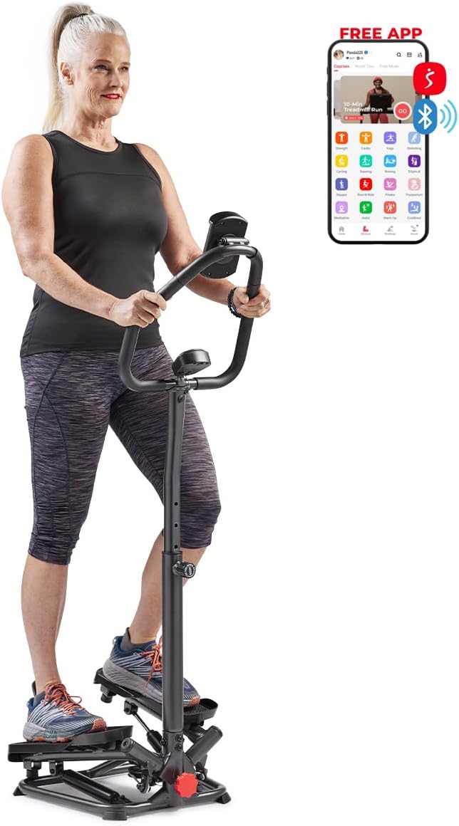 Woman using Autera StepCore™ mini stepper for cardio workout with integrated handles and resistance bands.