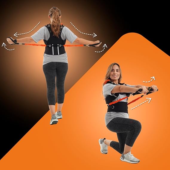 Woman using Autera AlignVest™ for posture correction with resistance bands at home or gym.