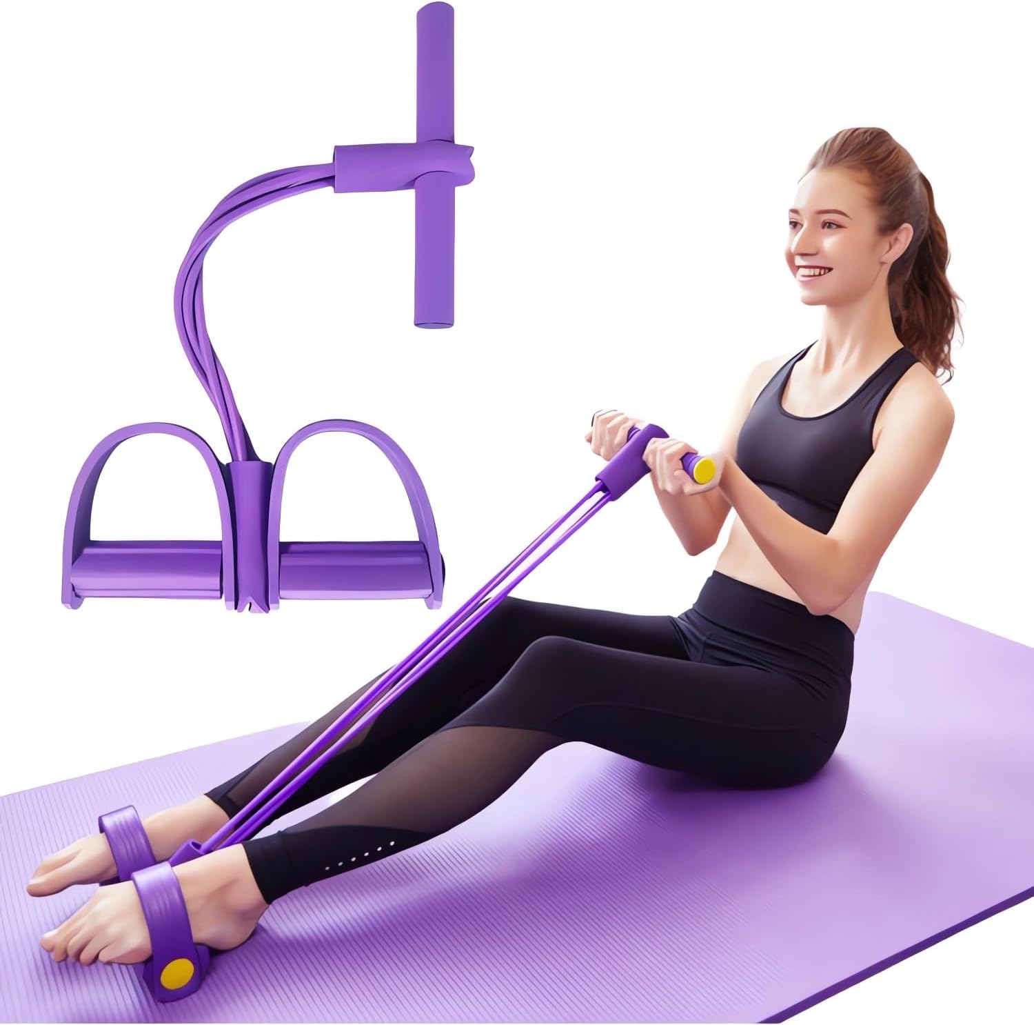 Femme utilisant l'Autera FlexTone™ Set pour tonifier son corps avec des élastiques de résistance sur un tapis de yoga.