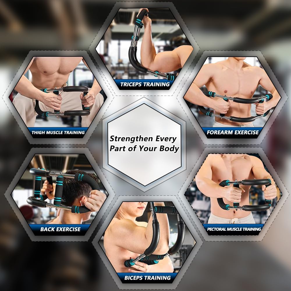 Autera PowerPress™ showcasing exercises for triceps, forearms, thighs, back, biceps, and pectoral muscles.